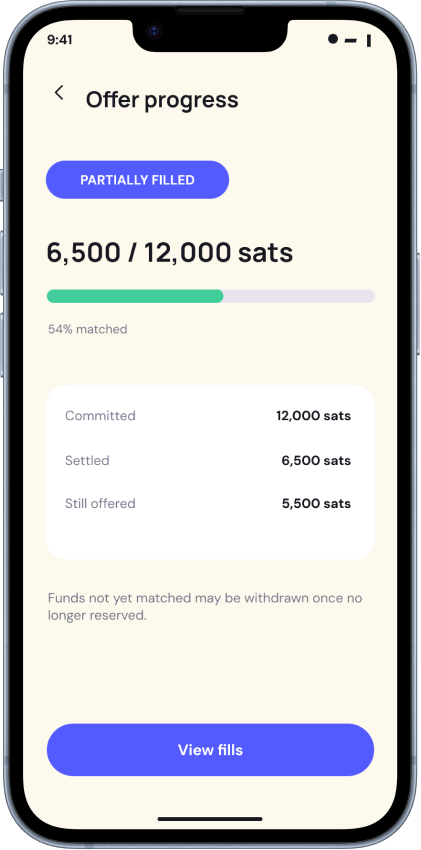 Peer liquidity offer progress and partial fills
