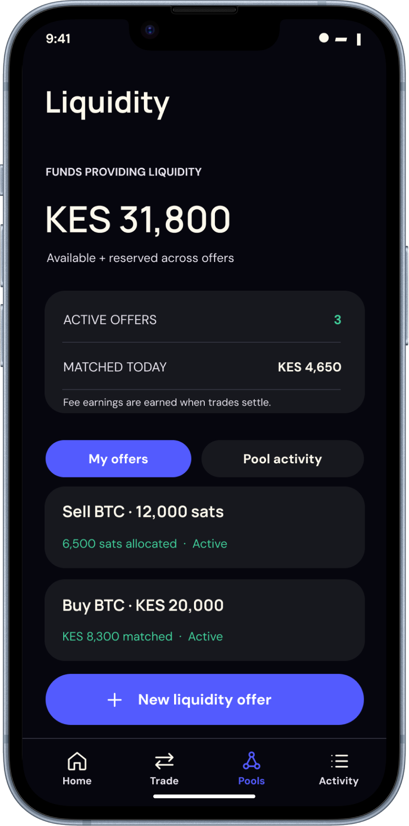 Peer liquidity dashboard showing available funds and active offers