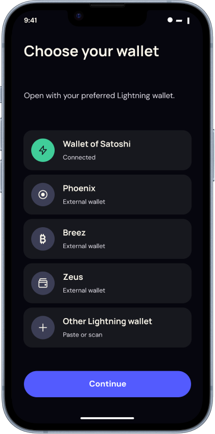 Select a Lightning wallet in Peer